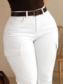 Plus Size Women's Elastic Skinny Cargo Pants, Autumn - White - View 6
