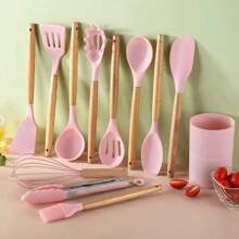 [12pcs Silicone Utensil Set] 12pcs Non-Stick Silicone Kitchen Utensil Set With Wooden Handles | And Easy To Clean | Perfect For Cooking And Baking, Back To School And Dorm Essentials