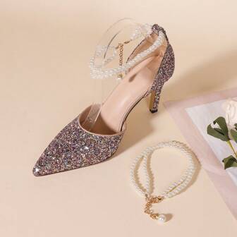 1 paire de chaîne de perles de style français à la mode, double rangée, design clip-on, accessoire de chaînes de perles amovibles pour les talons hauts des femmes