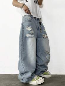 1 chiếc quần jeans nam Hearty Haven kiểu dáng đường phố Mỹ, dáng rộng, ống rộng, chất liệu denim bạc màu (không kèm thắt lưng và phụ kiện) - Màu xanh lam - Xem 4