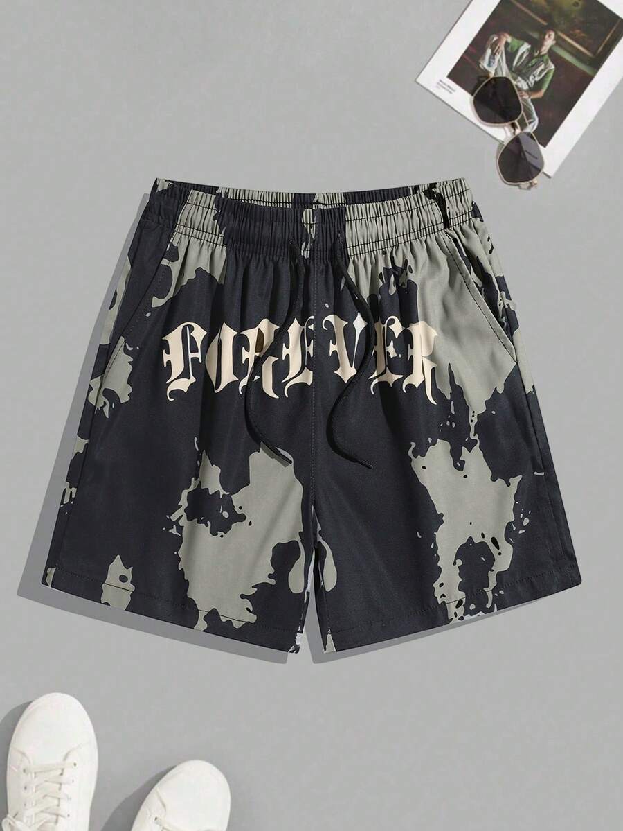 Tween Boys' Casual And Stylish Drawstring Waist Shorts With Color Block, Letter Print, And College Style, Spring/Summer