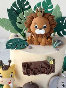 1件自然主题柔软毛绒动物，包括狮子、长颈鹿、大象、猴子、乌龟、绿叶植物，可作婴儿派对蛋糕装饰。