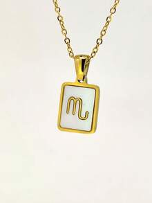 TONSI 1pc Stainless Steel Square Seashell Zodiac Pendant Necklace, Versatile Design Suitable For Women - Yellow Gold - View 12