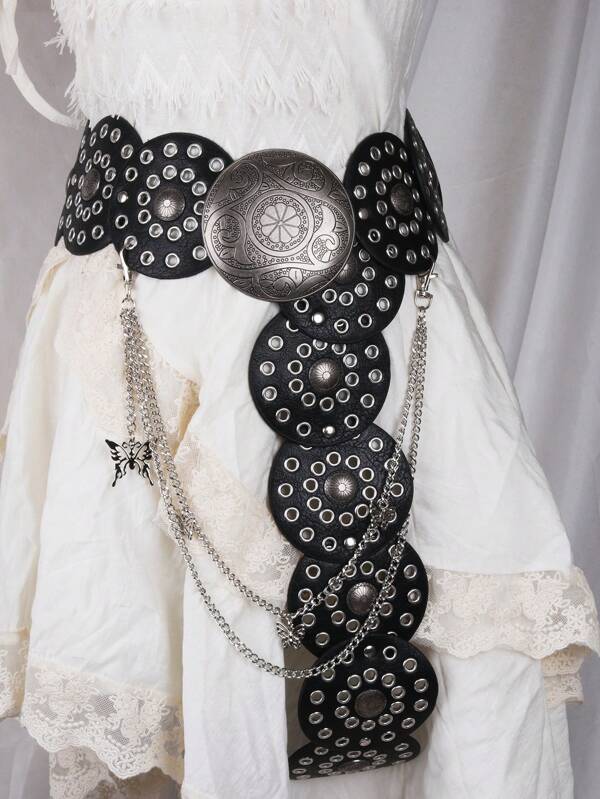 1 pièce Ceinture ronde en PU noir pour femmes avec oeillets en métal ajourés de style western