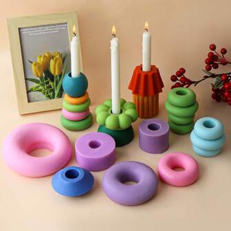 混合搭配积木风格：可堆叠硅胶蜡烛模具套装 - 几何甜甜圈/圆环/花朵，适用于 2.2 厘米锥形蜡烛，多用途用于 DIY 蜡烛和石膏装饰工艺品