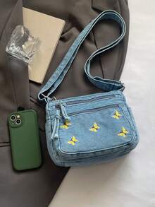 2025新款女士牛仔斜挎包，复古设计，蝴蝶刺绣，多口袋单肩包