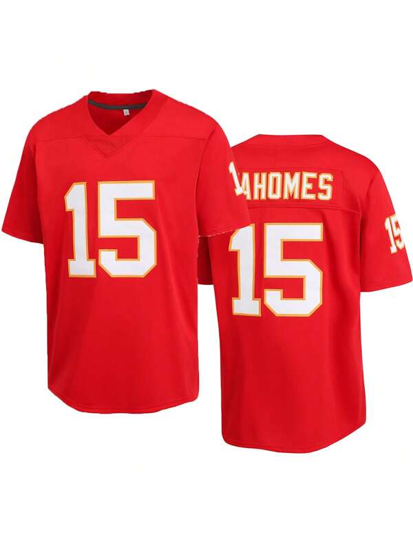 Atonmore Men's 15 Red American Football Jersey Casual Short Sleeved Embroidered Stitching V-Neck T-Shirt Party Rugby Sports Top