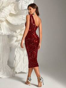 Đầm midi dự tiệc cạp cao, màu trơn, khoét lưng, khóa kéo phía sau, đính sequin, thích hợp cho Giáng sinh, tựu trường, sinh nhật, đám cưới, mùa xuân. - Đỏ - Xem 2