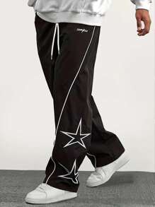 1pc Men's Straight Cut Star & Letter Printed Casual Streetwear Loose Fit Sweatpants, Fall