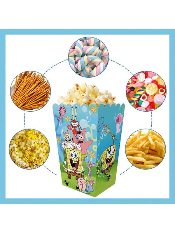 SPONGEBOB Set de 12/24 cajas de palomitas de maíz con temática de Bob Esponja, cubo para empacar, cajas de palomitas, cajas de aperitivos, cajas de embalaje, cajas para papas fritas, etc. De papel, plegables, adecuadas para reuniones familiares, fiestas de cumpleaños, actividades nocturnas, picnics y campamentos, ceremonias de graduación, eventos de boda, decoraciones de vuelta al colegio, decoraciones de fiesta, adecuadas para salas de estar, dormitorios, oficinas y cajas de palomitas de maíz al aire libre