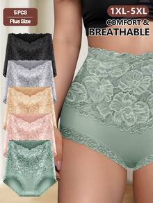 Morelect 5 piezas Bragas de talla grande para mujer con control de abdomen, parche de encaje, levantamiento de glúteos, patrón jacquard - Multicolor - Ver 2