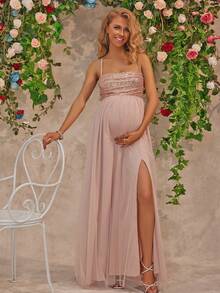 Joyfunear Robe de soirée longue pour femmes enceintes, avec contrastes de sequins et de maille, avec fente haute et bretelles - Champagne - Voir 6