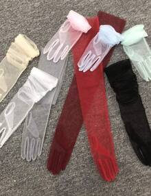 Women's Wedding Bridal Mesh Tulle Gloves Long Opera Costume Party Gloves 27" Elbow Length Sheer Gloves - Red - View 7