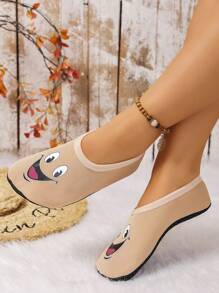 Women's Cute Face Design Indoor Slippers With Thin Thermal Lined, Breathable & High Elastic, Suitable For Home, Beach, Outdoor, Yoga