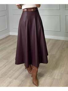 Women's Leather Skirt Gode Long High Waist 333 - 紫紅色 - 查看 2