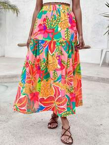 女士热带植物印花荷叶边半身裙，度假风夏季休闲装 - 彩色 - 查看 2