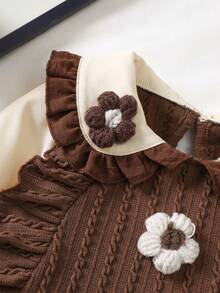 Conjunto de 2 peças de blusa e calça afunilada com gola Peter Pan e babados florais para bebês meninas, adequado para uso ao ar livre no outono/inverno - Castanho - Ver 4