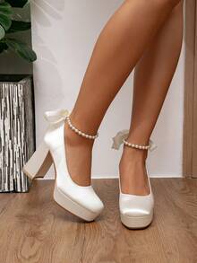 Fashionable Faux Pearl Bow Bridal Shoes, Bridesmaid Shoes, Light Apricot Satin Waterproof Platform Thick Heel Round Toe High Heels For Women,Party Outfits,Wedding Outfits