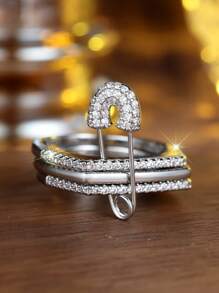 1 Pc Stylish White Synthetic Zirconia Embellished Triple Paper Clip Women's Ring Ladies Premium Sense Jewelry Gift Party Jewelry
