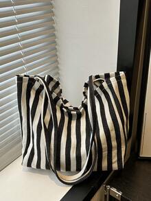 时尚复古条纹帆布手提包，大容量，用途广泛，是工作、上学或户外活动的理想之选，可用作背包、帆布包或沙滩包。 - 黑色 - 查看 9