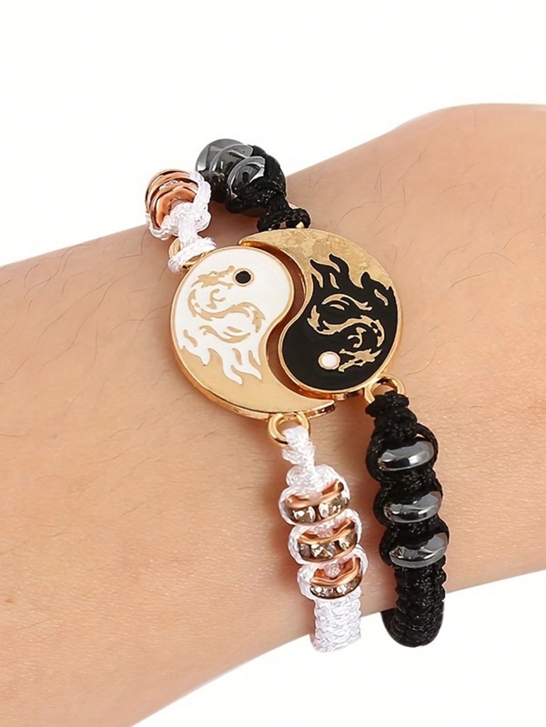 2pcs Fashionable Woven Student Bracelets, Black & White Minimalist Woven Tai Chi Bagua Bracelet Set, Suitable For Daily Wear