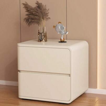 Wooden Furniture - Bedroom Small Luxury High-End Cabinet, Bedroom Storage Cabinet, Left Or Right Optional, Single Upper And Lower Drawers, Multi-Layer Solid Wood Boards, Pine Wood Nightstand, Beige Leather Storage Cabinet