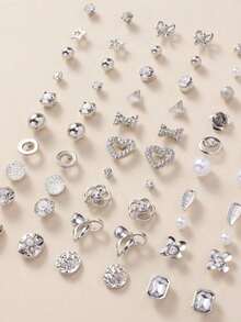 30pairs Set Elegant Minimalist Rhinestone Flower, Heart, Bow Stud Earrings Set, Luxury Gift For Women Valentines,Mom,Mother,Mother's Day,Gift(Random Selection For Shipping) - 隨機 - 查看 5