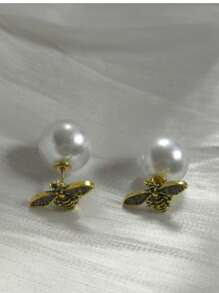 Aretes de perla con diseño retro francés de abeja e insecto: Joyería vintage elegante para mujeres con estilo