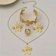 5pcs/Set Fashionable Metallic Golden Flower Jewelry Set: Necklace, Bracelet, Ring, Earrings Suitable For Daily Wear, Banquet, Party