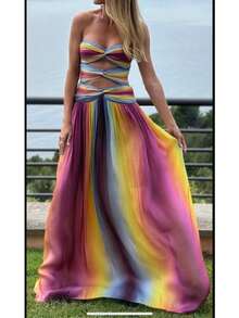 .Women Tie Dye Strapless Maxi Dress Elegant Gradient Twist Front Hollow Out Long Dress Summer Off Shoulder Flowy Dresses - 紫色 - 查看 2