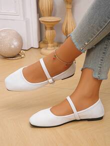 2025 Autumn Plus Size EU35-43 Fashion White Square Toe Flat Shoes For Women, Casual Slip-On Flats With Strap, Suitable For Dresses, Pattern Is Random,Ballet Flats, Mary Janes
