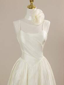 Spaghetti Strap Romantic Floral Decor Sleeveless Pleated Baroque Princess Skirt, Bride Gift Dress Suitable For Graduation Prom Party