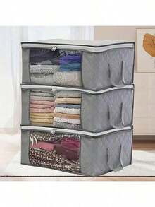 Juego de 3 bolsas de almacenamiento de tela plegables para organizar ropa, mantas, suéteres, ropa de cama, almohadas, organizador del hogar - Gris - Ver 3