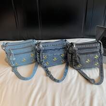 2025新款女士牛仔斜挎包，复古设计，蝴蝶刺绣，多口袋单肩包
