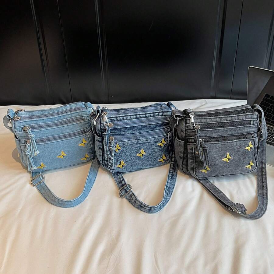 2025新款女士牛仔斜挎包，复古设计，蝴蝶刺绣，多口袋单肩包