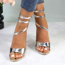 Women's Sexy Spiral Wrap High Heels – Metallic Open Toe Stiletto Sandals - 銀色 - 查看 3