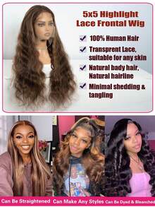 QVR QUEEN VIRGIN REMY 5x5 Lace Front Wavy Curly Human Hair Wig With Natural Hairline, Transparent Lace Closure Wig, Pre-Plucked, Glueless, Highlights - S4/27 - View 7