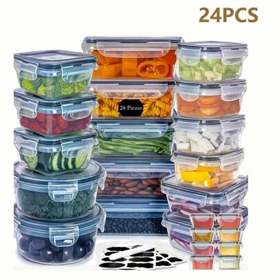 24PCS Airtight Food Storage Containers - Leakproof, Microwave/Dishwasher Safe, Reusable Plastic With Chalkboard Label & Marker For Kitchen Organization