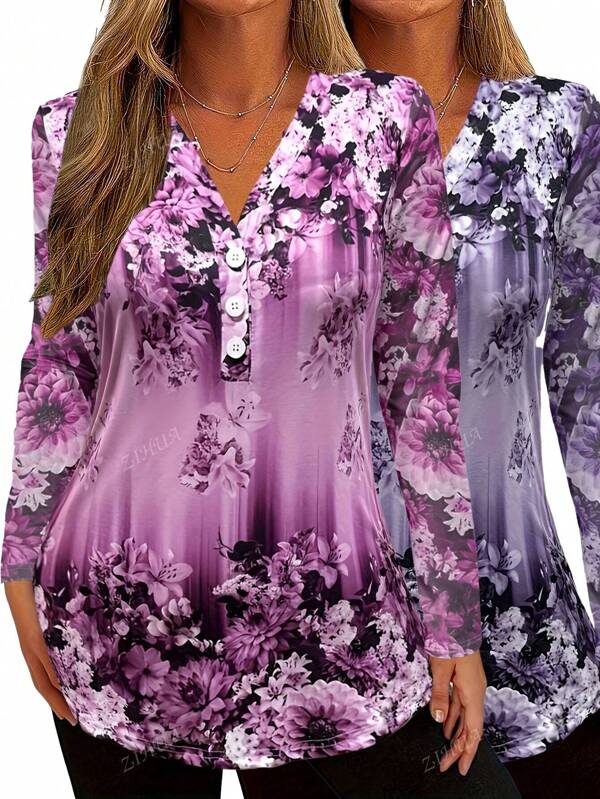 2pcs Plus Size Women Flower Print Button V-Neck Top, Suitable For Spring/Autumn