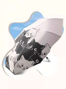 1pc Automatic Folding Umbrella, Women 2-In-1 Sunny Rain Umbrella, Cartoon Black And White Cat Print Sunshade UV Protection Umbrella