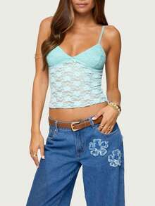 Womens Y2k Lace Cami Tops Going Out Crop Tank Tops Spaghetti Strap Mesh See Through Camisole Summer Casual Tops - 綠色 - 查看 2