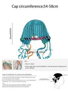 1pc Handmade Crocheted Tassel Tie Hollow Breathable Knitted Beanie Hat For Women, Colorful Floral Pattern, Large Size Fits All, Warm Ear Protection, Casual Versatile Knit Cap For Autumn/Winter