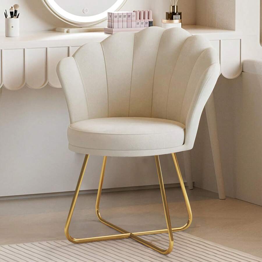 Nalupatio Upholstered Armchair, Dining Room Chairs, Dressing Table Chair, Velvet Chair, Petal Back Armchair With Gold Metal Legs, Load Capacity Up To 150 Kg - 米色 - 查看 1