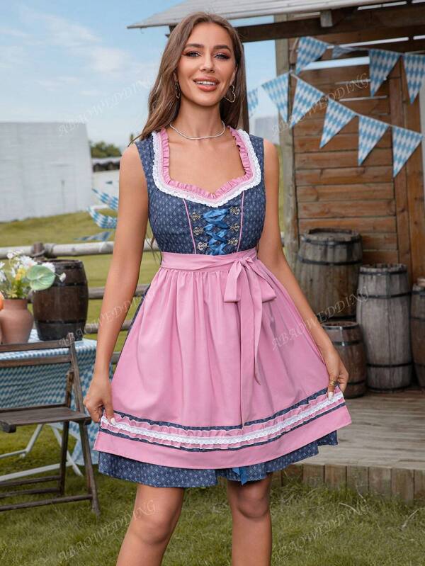 Disfraz de fiesta de Halloween - Vestido delantal con bloques de color overall para decoración del Festival de la Cerveza Alemana, disfraz de sirvienta COS