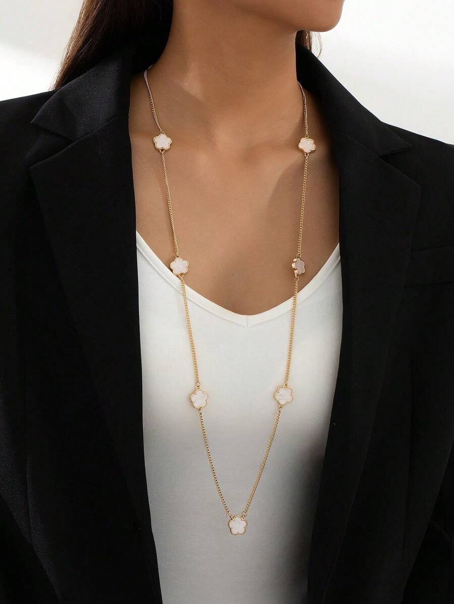 1pc Fashionable Elegant Style Lucky White Clover Pendant Necklace For Women, Long Sweater Chain