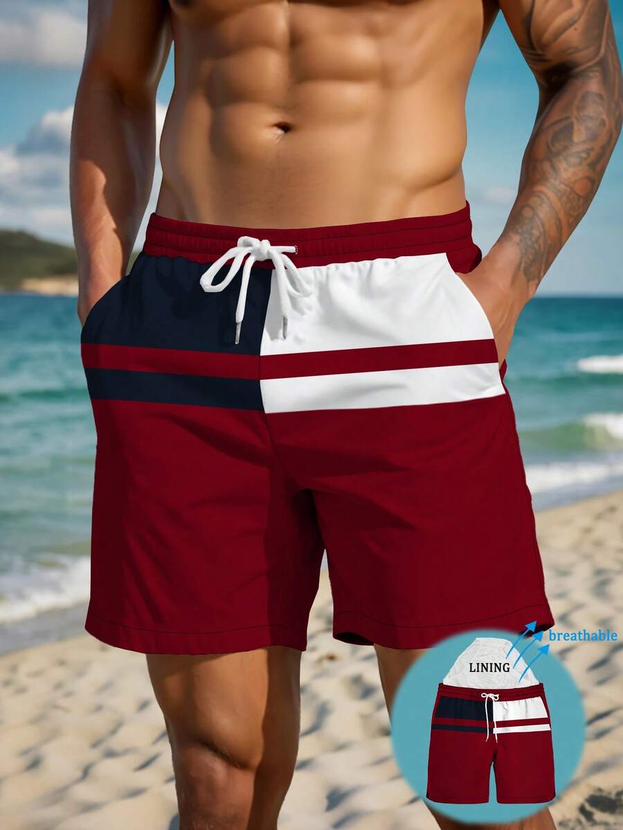 Men's Summer Printed Pattern Drawstring Waist Slant Pocket Hawaiian Quick-Dry Double-Layer Mesh Lining Shorts, Contrast Color 3D Artistic Print, Fashion Casual Beachwear Swim Trunks