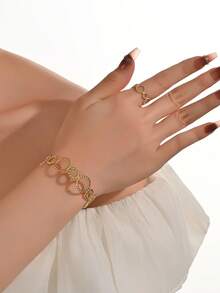 2件套或1件装18K镀金不锈钢水滴形手链戒指套装，女士珠宝，婚礼派对，约会礼物 - 金黃色 - 查看 8