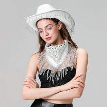 Cowgirl Hat Set, Shiny Rhinestones Tasseled Cowboy Hat With Heart Sunglasses Neckerchief Photo Booth Props