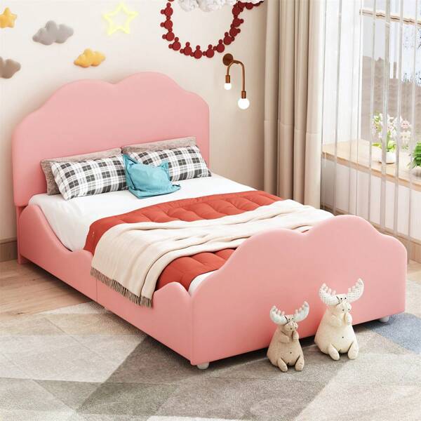 Sairedel Polsterbett Kinderbett 90 x 200 cm hohes Geländer-Kinderbettgestell mit wolkenförmigem Kopf- und Fußteil. Einzelbett in hautfreundlichem Samt Rosa,ohne Matratze,