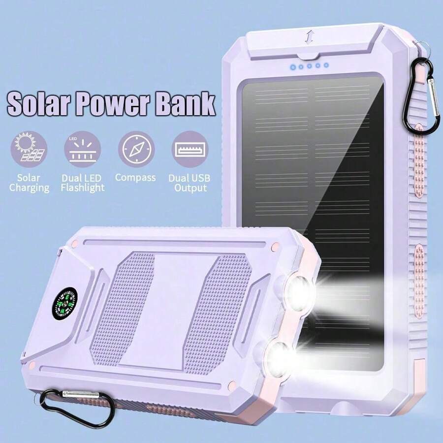 Pin dự phòng năng lượng mặt trời 36800mAh có đèn pin LED và la bàn, dùng cho mọi điện thoại di động và thiết bị điện tử, thích hợp cho kỳ nghỉ hè, du lịch/cắm trại ngoài trời và dự phòng khẩn cấp. - Màu tím nhạt - Xem 1